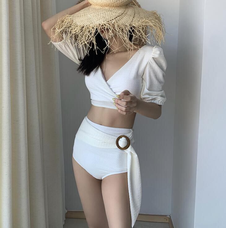 憧れのホワイトビキニ★ノンワイヤー 水着 ハイウエスト タンキニ