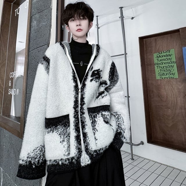 予約販売】カーディガン ニット シック モノトーン フード ジップ