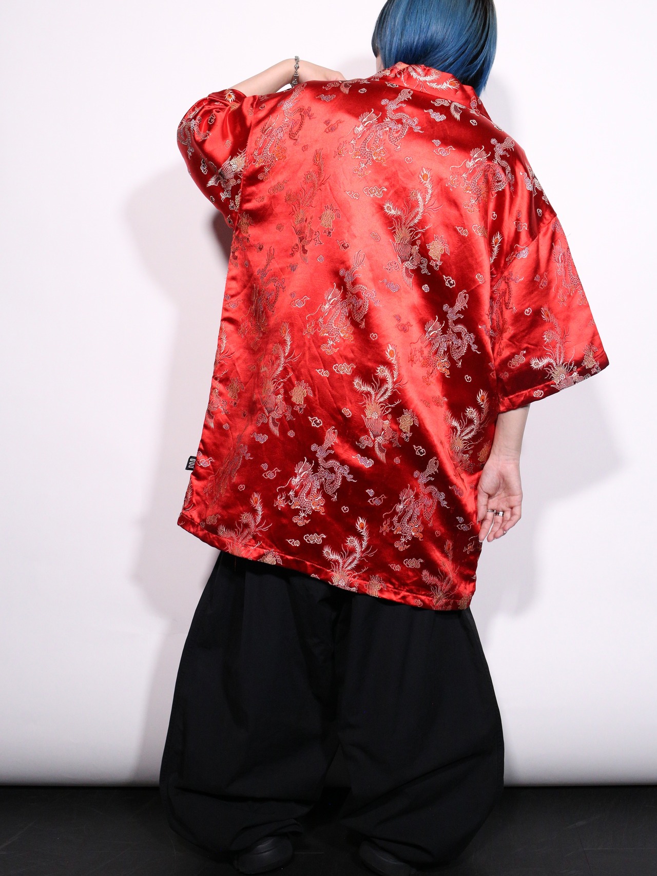 "龍" full pattern glossy fabric special open collar s/s shirt - 5