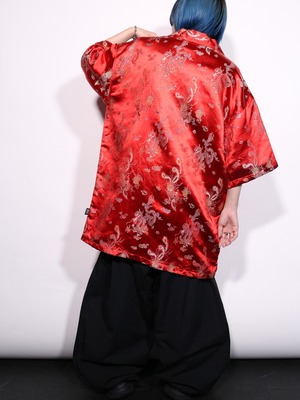 "龍" full pattern glossy fabric special open collar s/s shirt
