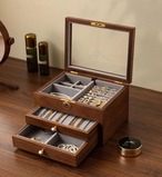 ジュエリーボックス 3段 鍵付き アクセサリーケース 木製 ウォールナット ガラス天板 引き出し 大容量 収納ボックス 高級 宝石箱