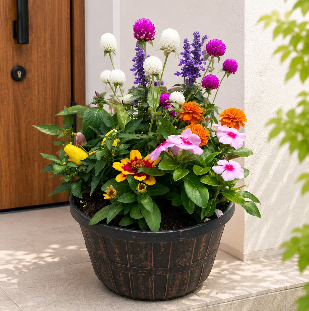 季節の寄せ植え アンティ−ク柄 軽量プラスチック鉢 内径24cm （レッド