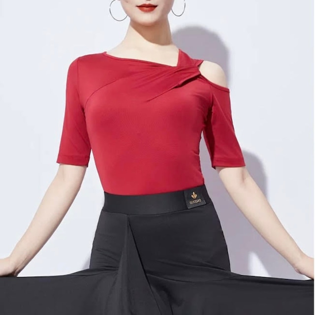 アシンメトリー オープンショルダー ストレッチ トップス 2col D00598