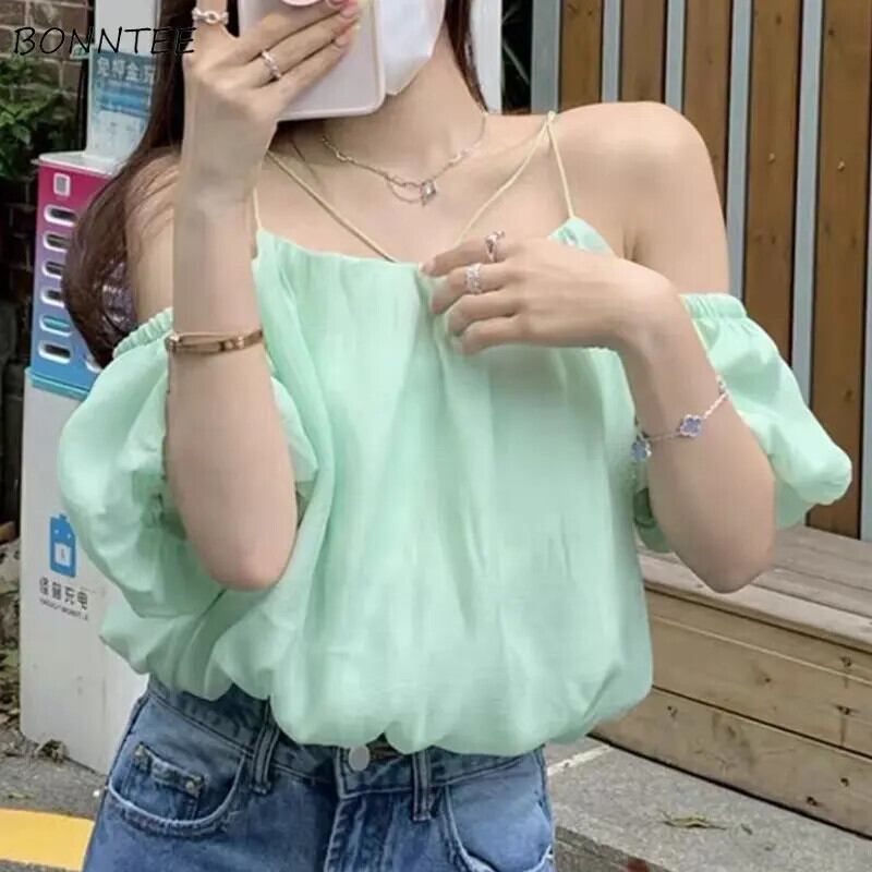 【新作】【送料無料】 スラッシュネックブラウス女性ルーズ夏背中の開いた Mujer シンプルな休暇パフスリーブ女性の服原宿ファッションデイリー 2023 新しい 0229163789025