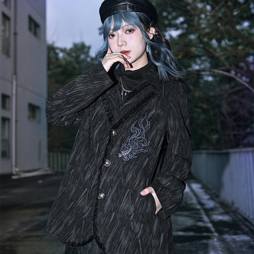 サブカル系中華 コーデュロイ スーツ ジャケット 刺繍 アラサーファッション 30代ゴシック