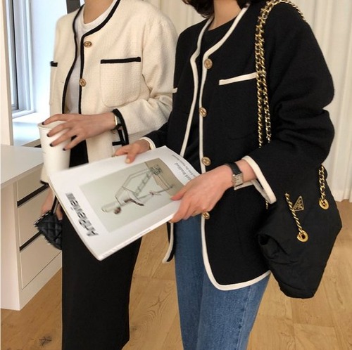 ツイードジャケット ツイード ノーカラー アウター 秋冬 レディース 通勤 きれいめ 上品 モノトーン カジュアル パイピング バイカラー ゴールドボタン ポケット