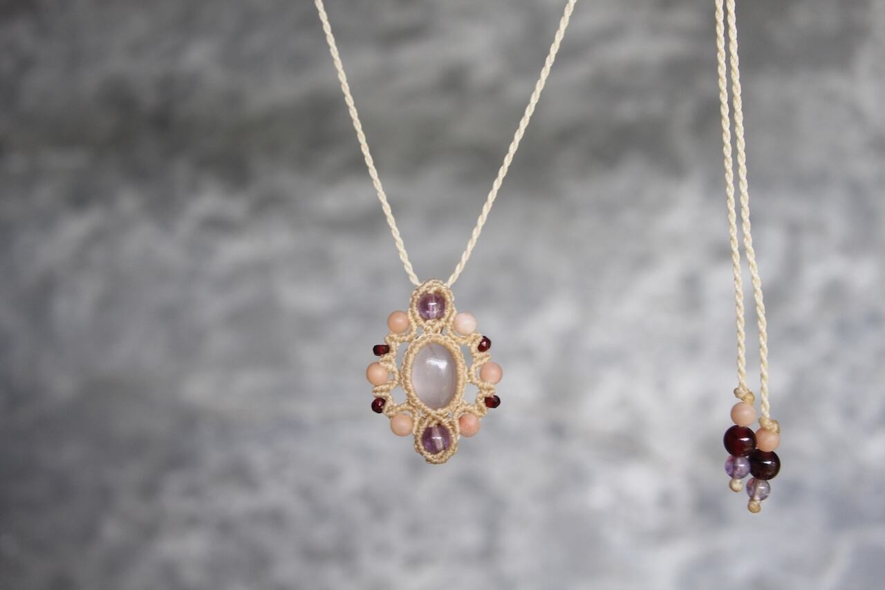 Rose quartz stone mandala micromacrame pendant