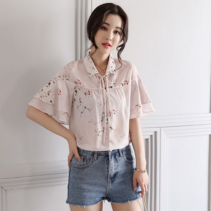 半袖 フリル袖 花柄 襟付きブラウス