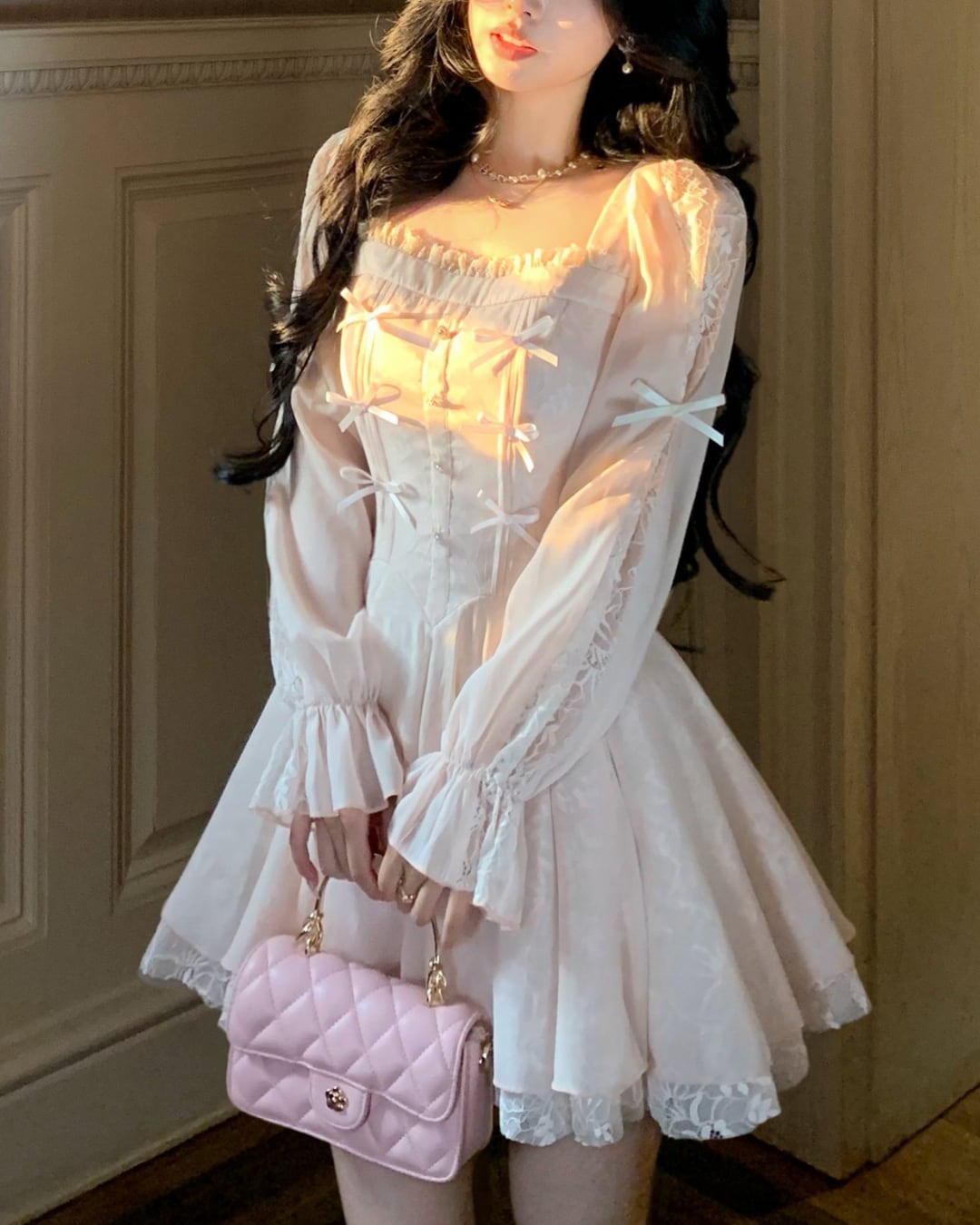 レーススリーブフェアリーリボンワンピース 25W08374