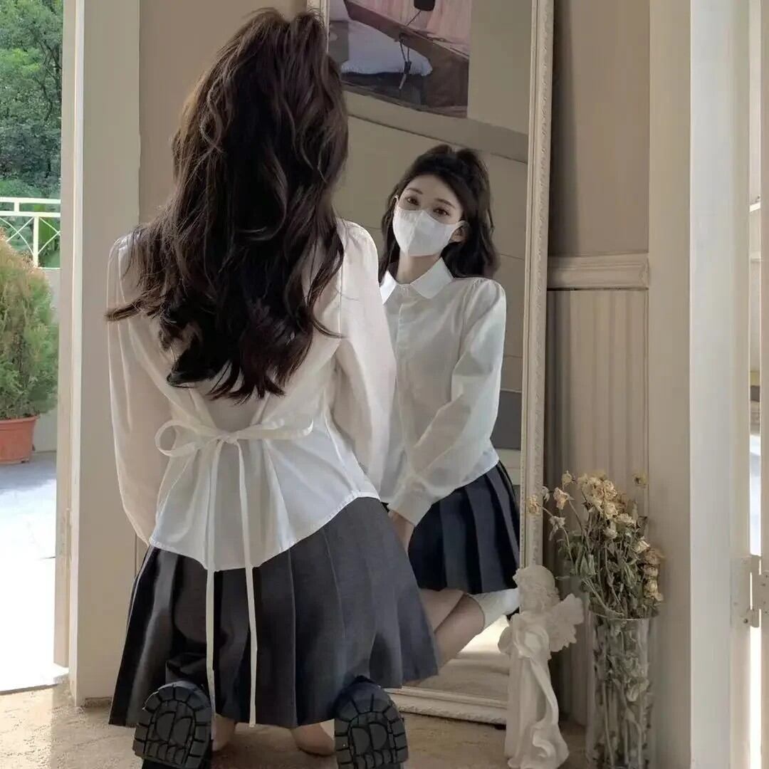 プレッピー包帯基本白シャツ女性スリム長袖かわいいトップスクールボタンダウンチュニックシャツブラウス女性カジュアルレディ