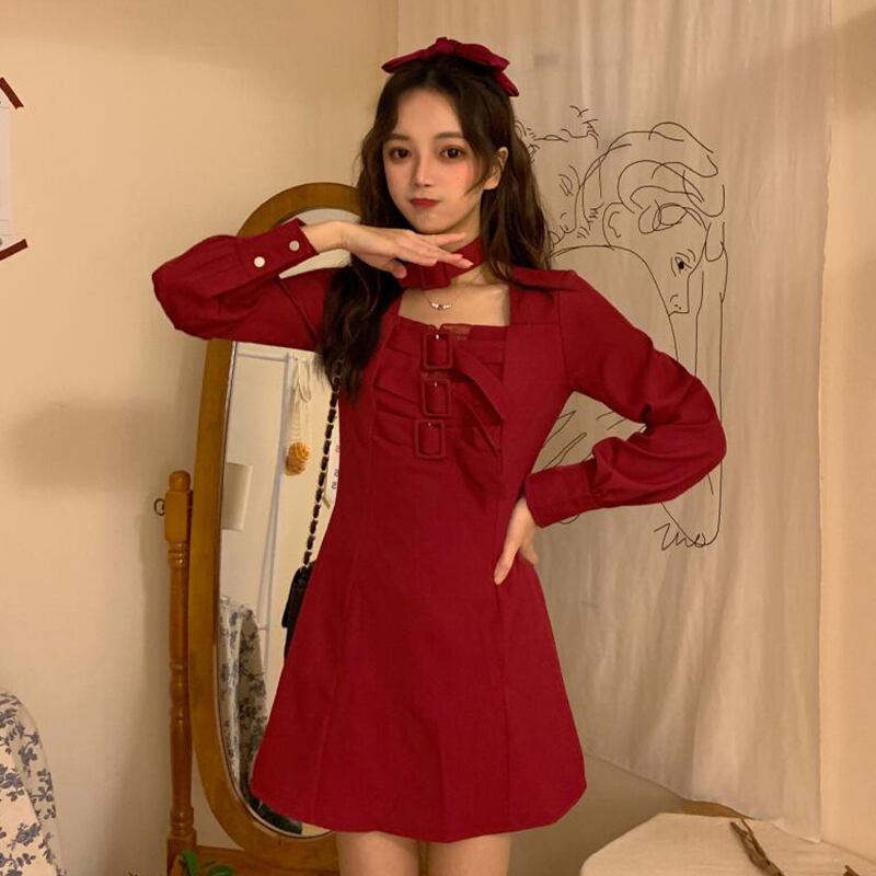 スタンダードレッドオータムスリムドレス スカート ロング レトロ 秋物 萌量不足17796554504