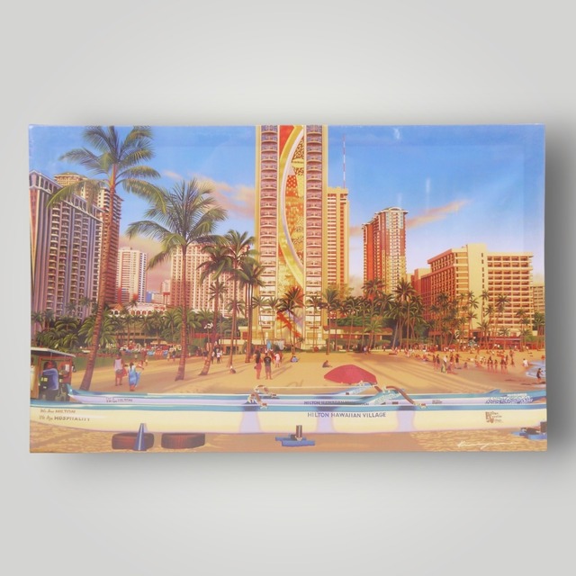 栗山義勝 キャンバスパネル絵 ヒルトンレインボータワー サンセット 木製枠 ハワイアンインテリア 景色 ハワイ  海 絵 イラスト アート＜Hilton Rainbow tower＞