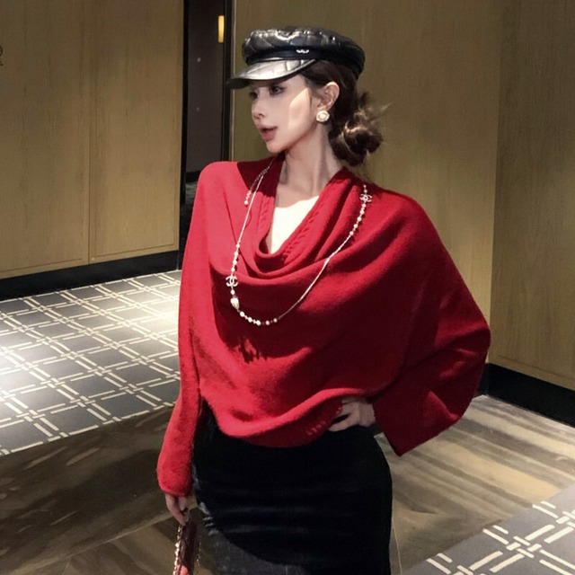 トップス ニットセーター ドルマンスリーブ オフショルダー レッド