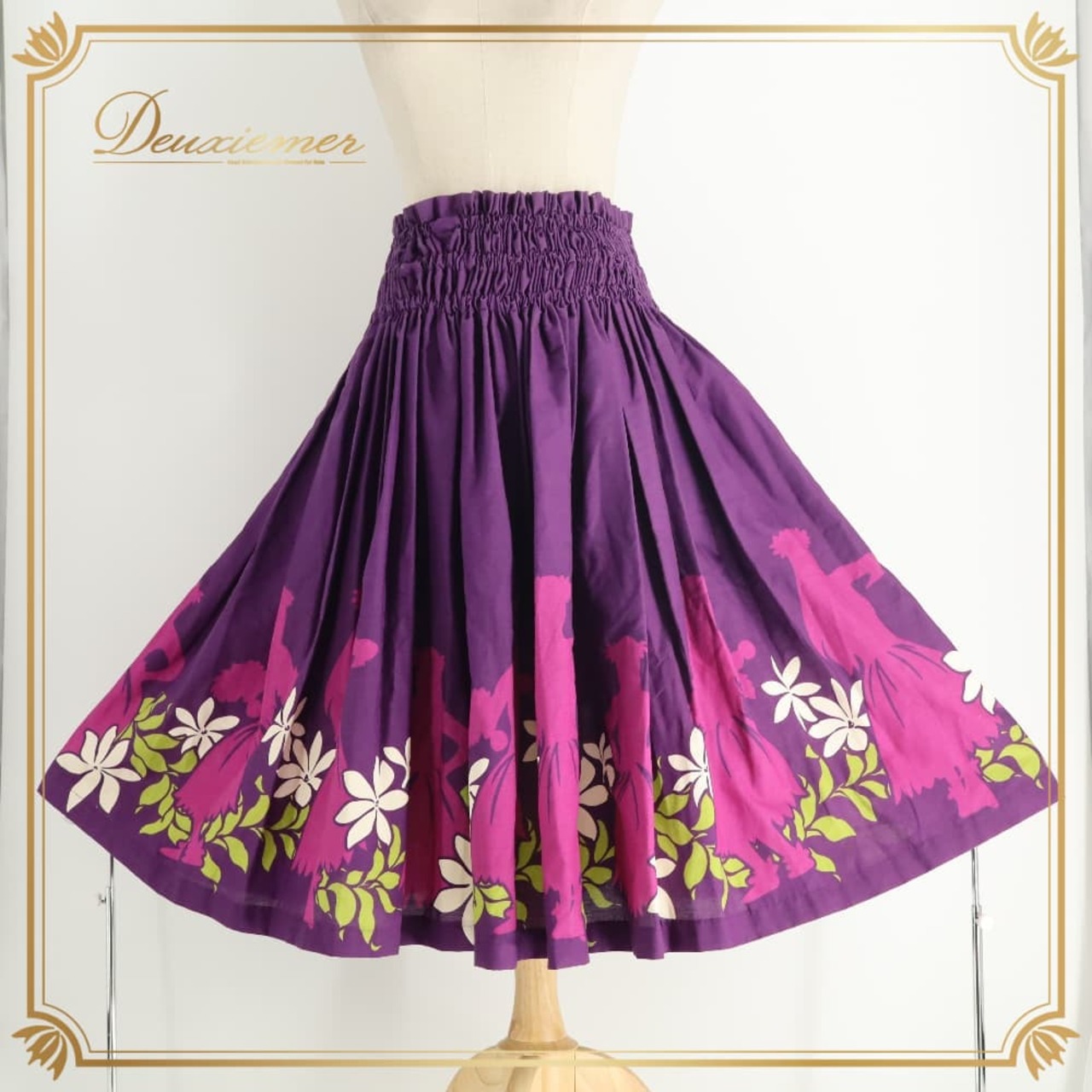 フラダンス 衣装 ALOHA FABRICS アロハファブリック パウスカート パープル系 ティアレ柄 ダンサー柄 踊り子 ハワイアンプリント ハワイアン アロハ フラ ダンス レッスン 練習 シングル スカート フレア 華やか 鮮やか かわいい おしゃれ ピンク系 ホワイト系 グリーン系 紫 白 黄緑