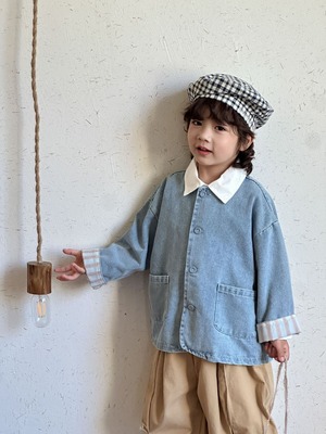 ★即納★ ノーカラーデニムシャツジャケット （ウォッシュブルー） ／110 【送料無料】 QQMM 2025春 韓国子供服 トップス シャツ ブラウス ワークシャツ ミリタリー SH 【アウトレット】