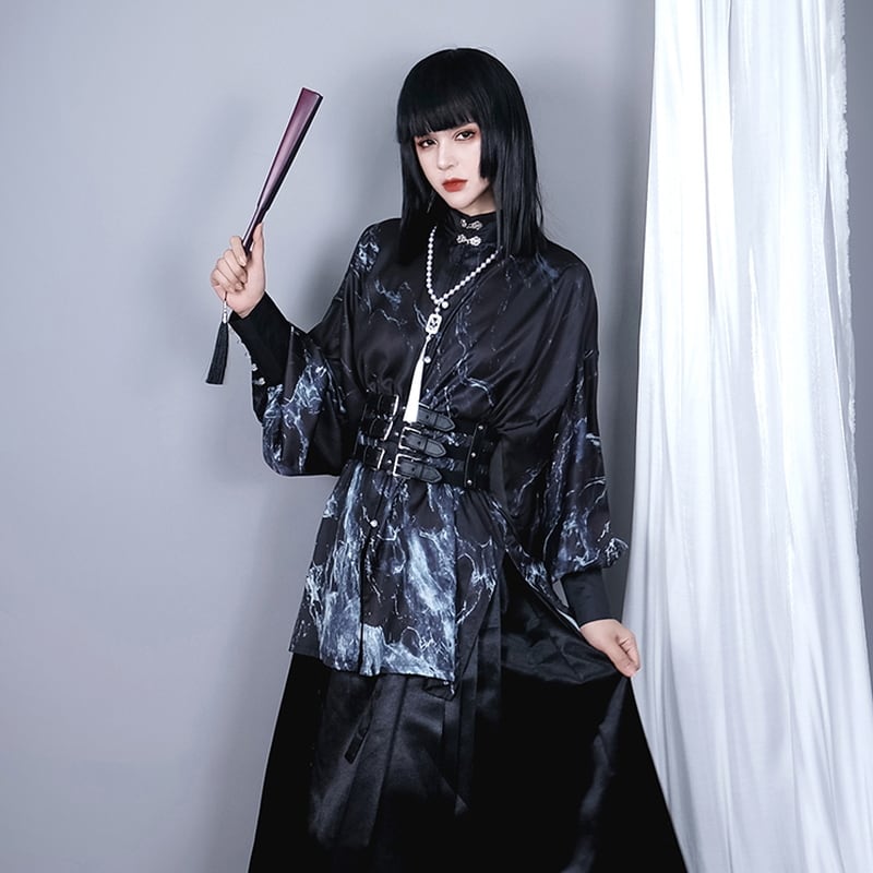 サブカル 服 地雷系 通販 長袖 シャツ レトロ ユニセックス バルーンスリーブ ドロップショルダー 中華風 暗黒系 闇かわいいゴシック