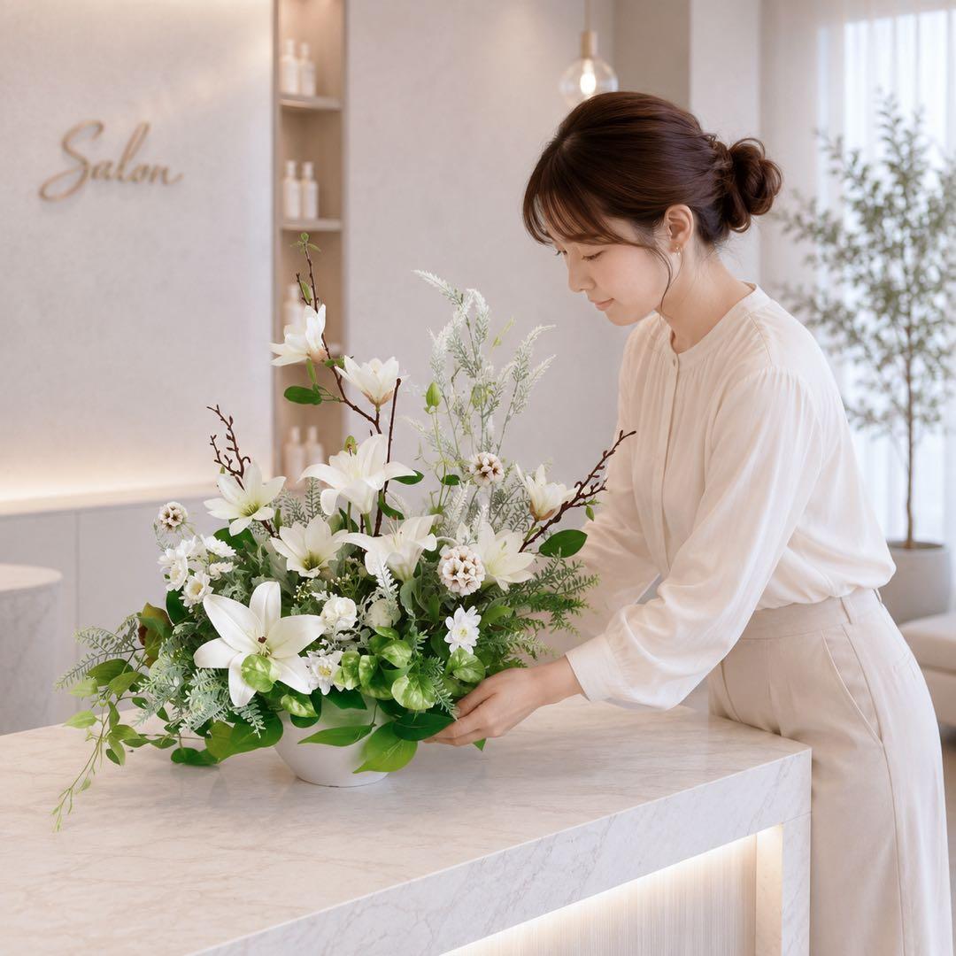 光触媒 木蓮と百合のお供えアレンジメント サロンや開店祝いにも 枯れ