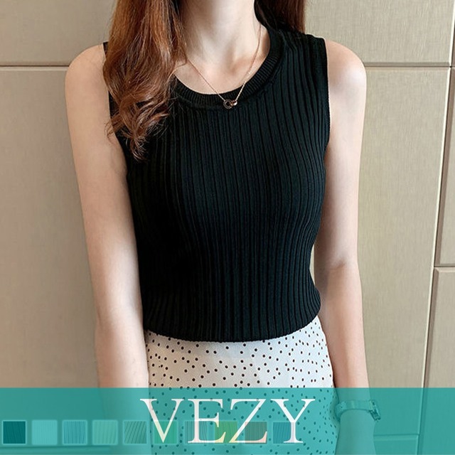 リブニット タンクトップ ノースリーブ ラウンドネック ニット トップス春 無地 着回し 大人カジュアル おしゃれタンクトップ インナーVEZY ベジー  ItemNo.【15961759】