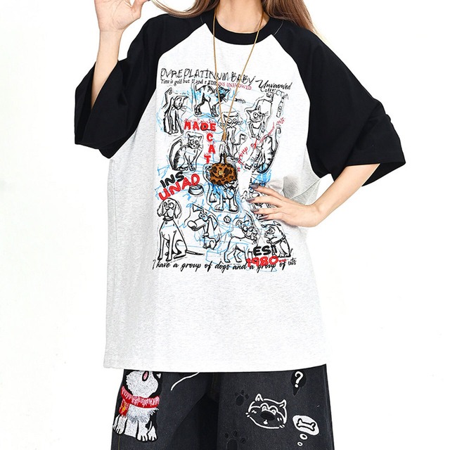 ラグランスリーブ アニマルスケッチグラフィックTシャツ 2col   R02019