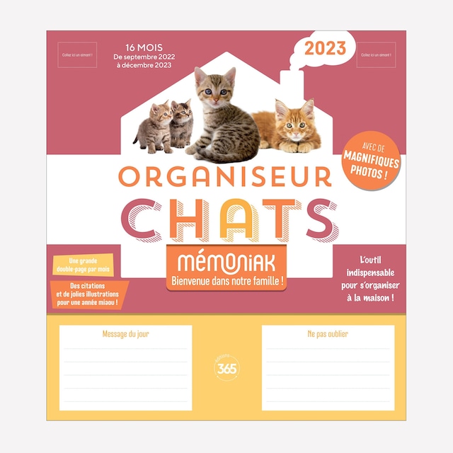 フランス語カレンダー2023年「Mémoniak ; organiseur familial spécial chats : calendrier mensuel(édition 2022/2023)」