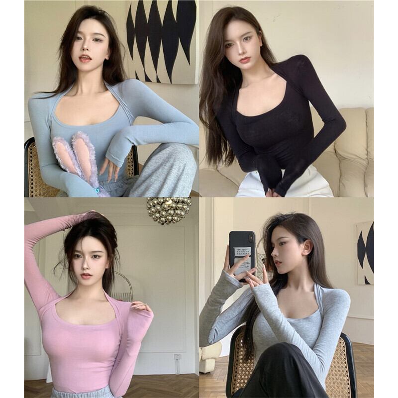 スタンダード薄手ソリッド カラーTシャツ シャツ オータムスタイルトップス レディース ロング レトロ 秋物 ソリッドカラー ガールズファッション38550451624