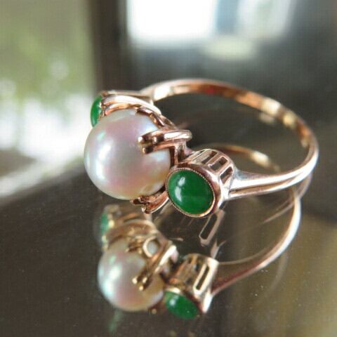ヴィンテージ あこや本真珠と翡翠のクラシカルリング