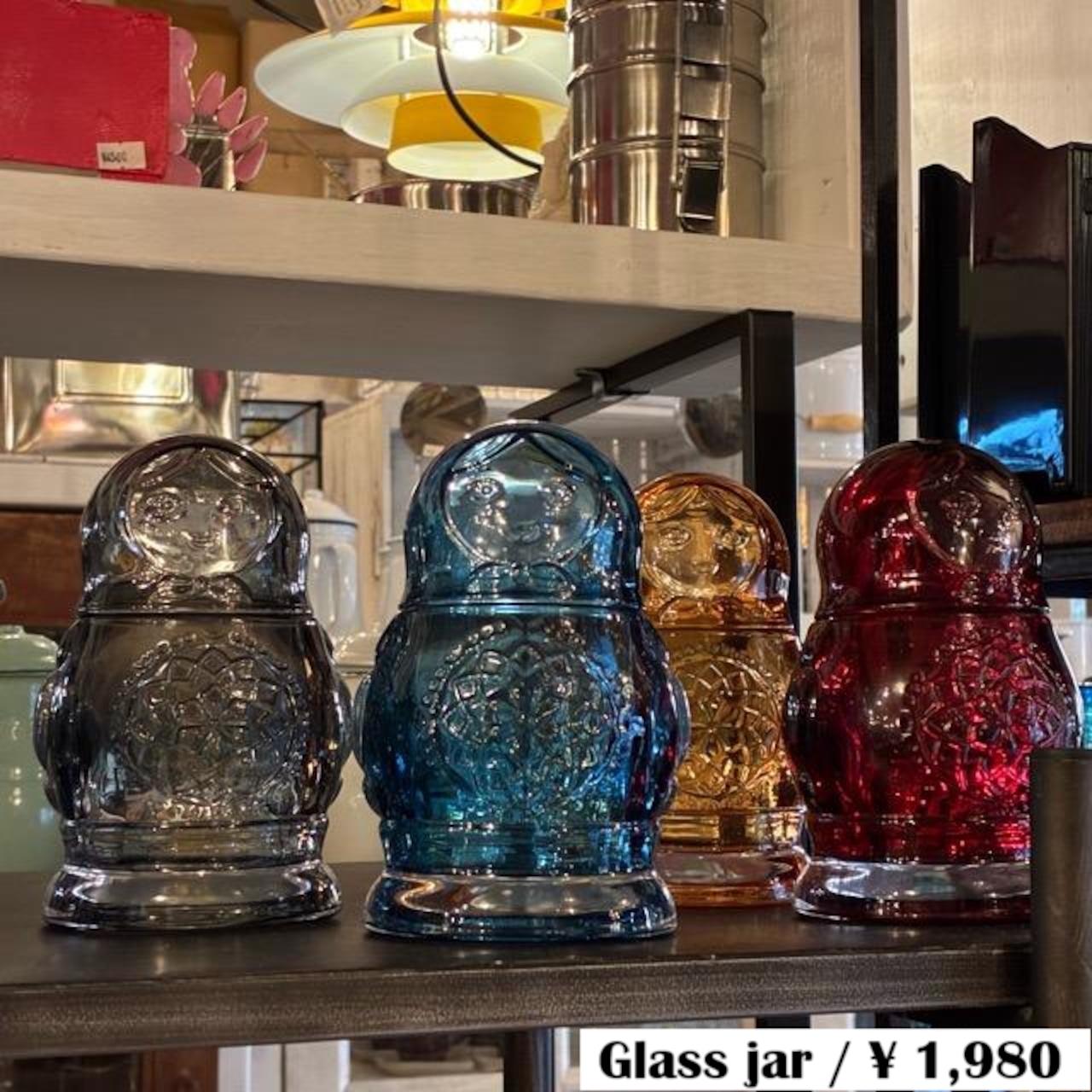 Matryoshka Jar 4 colors available: Red, Smoke, Orange, and Blue. Canister, candy container, glass jar.