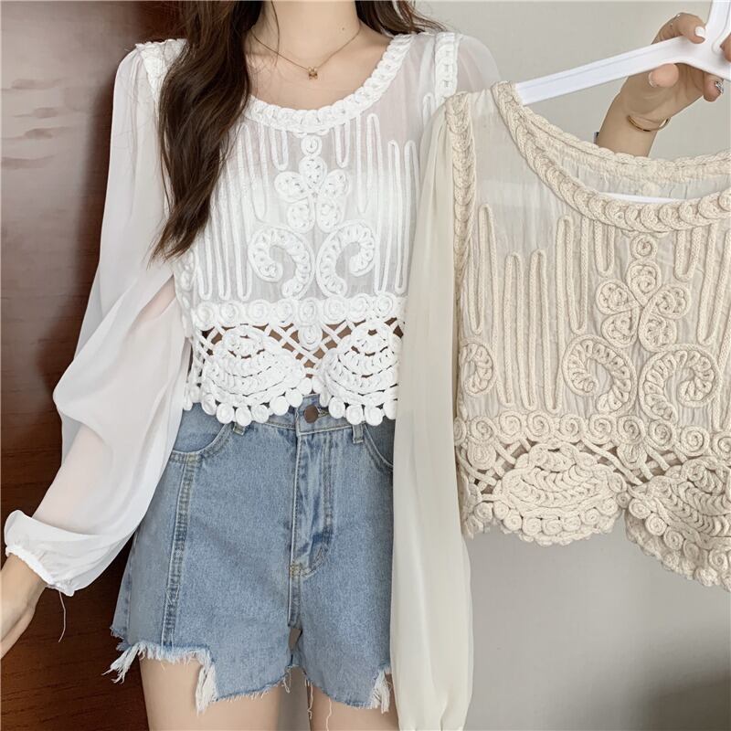 レースシャツ レディースサマーショートシフォントップス ロング 大人ガーリー スウィート キュート カジュアル 夏物 YY-ファッション58225775407