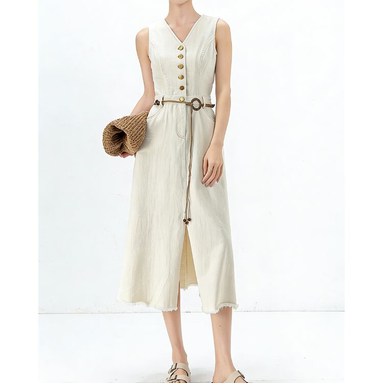 French Sleeveless Denim Long Dress V Neck Summer 2604035