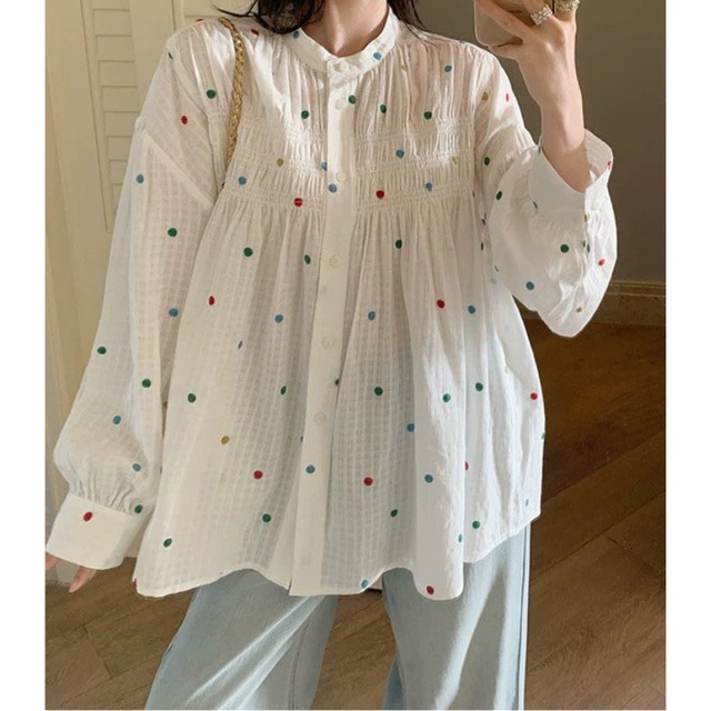 happy colorful dot embroidery design shirt  e1897