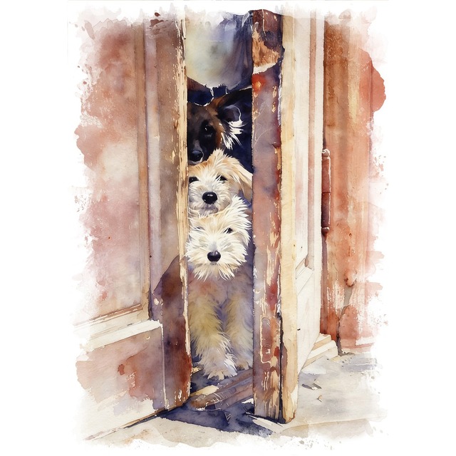 絵画 動物 扉から除く犬 インテリアアート額付き 水彩画・油絵風 WAT1107