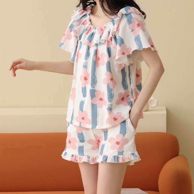 フリルショルダー ショート丈 コットンセットアップ＊L-394