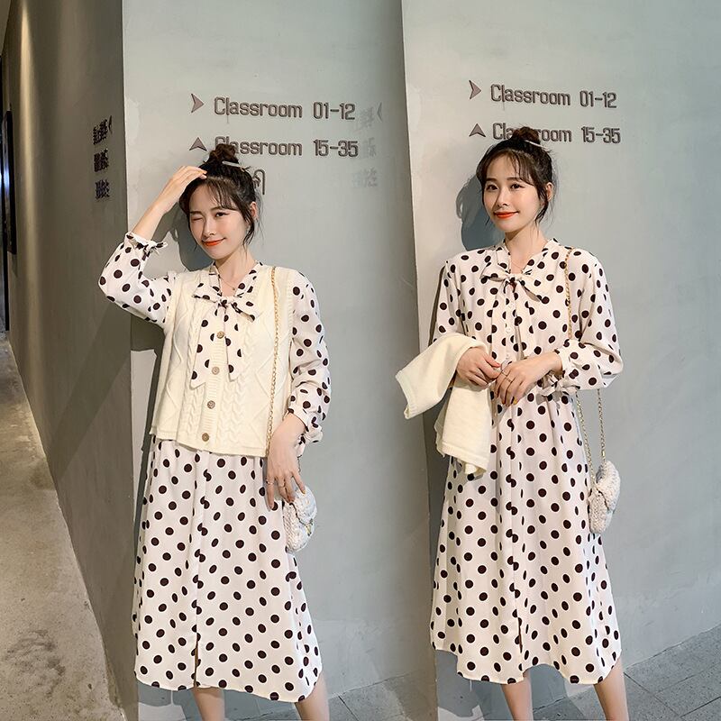 【新作】【送料無料】 マタニティウェア2019秋と冬の新しいファッション水玉弓妊婦ドレス+ニットベストツーピース-アリババ リボン オータム 秋物 ウィンター 冬物 expec217273908311