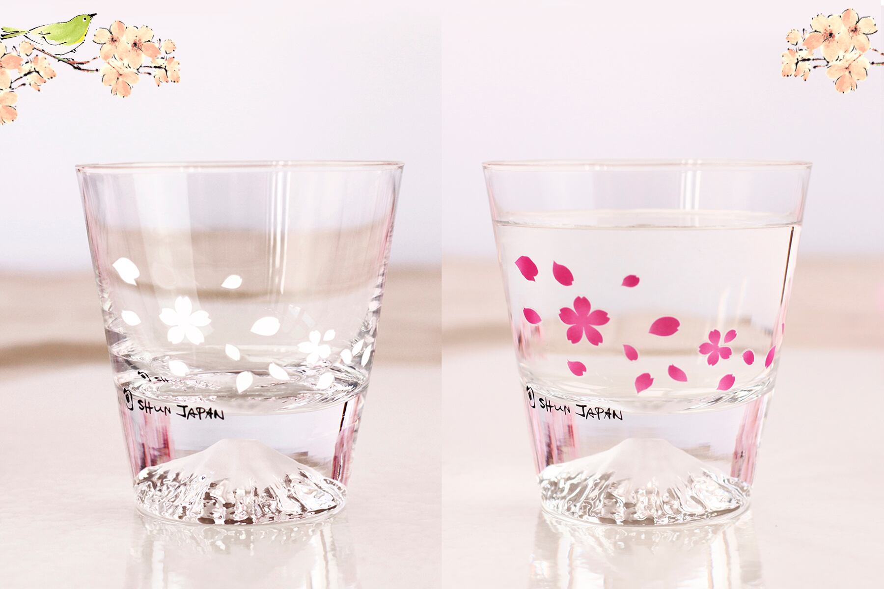 Csmf 冷感桜舞富士山 ロックグラス 母の日 父の日 春 桜 富士山 ロックグラス 江戸硝子 花見 贈り物 温度 変化 乾杯 ギフト プレゼント お祝い 丸モ高木陶器 オンラインショップ 温度をデザインに