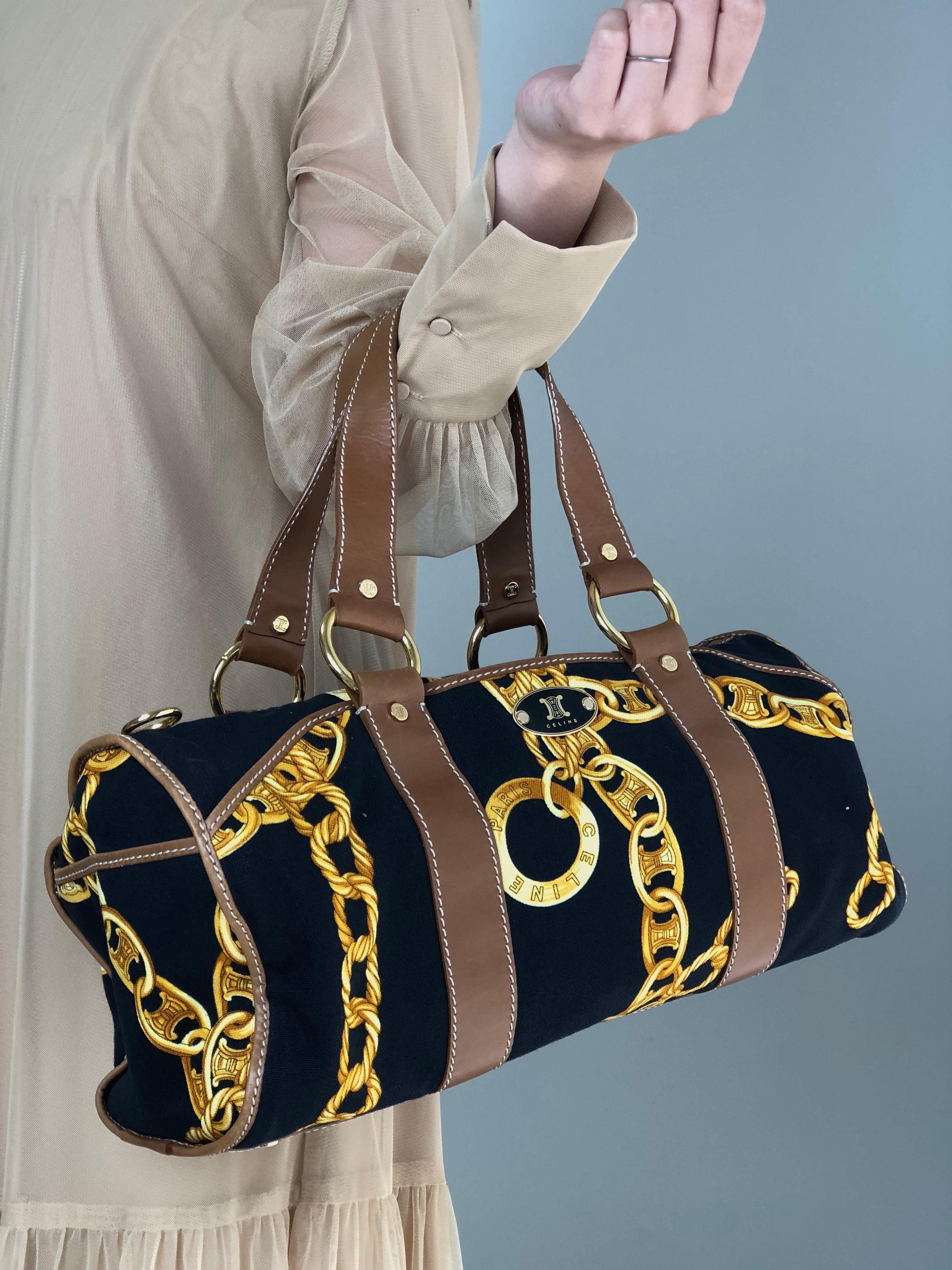 あ*こ様 セリーヌ ボストンバックハンドバック CELINE セリーヌ チェーン柄 ハンドバッグ ボストンバッグ ブラック