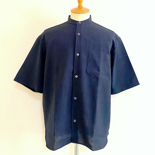 Tech Canvas Wide Band Collar S/S Shirts　Navy