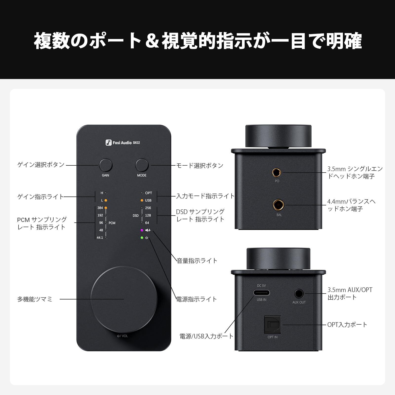Fosi Audio SK02 DAC アンプ 小型 ヘッドホンアンプ デスクトップ USB C to AUX デジタル アナログオーディオンバータアダプター コンパ Fosi Audio SK02 DAC アンプ 小型 ヘッドホンアンプ デスクトップ USB