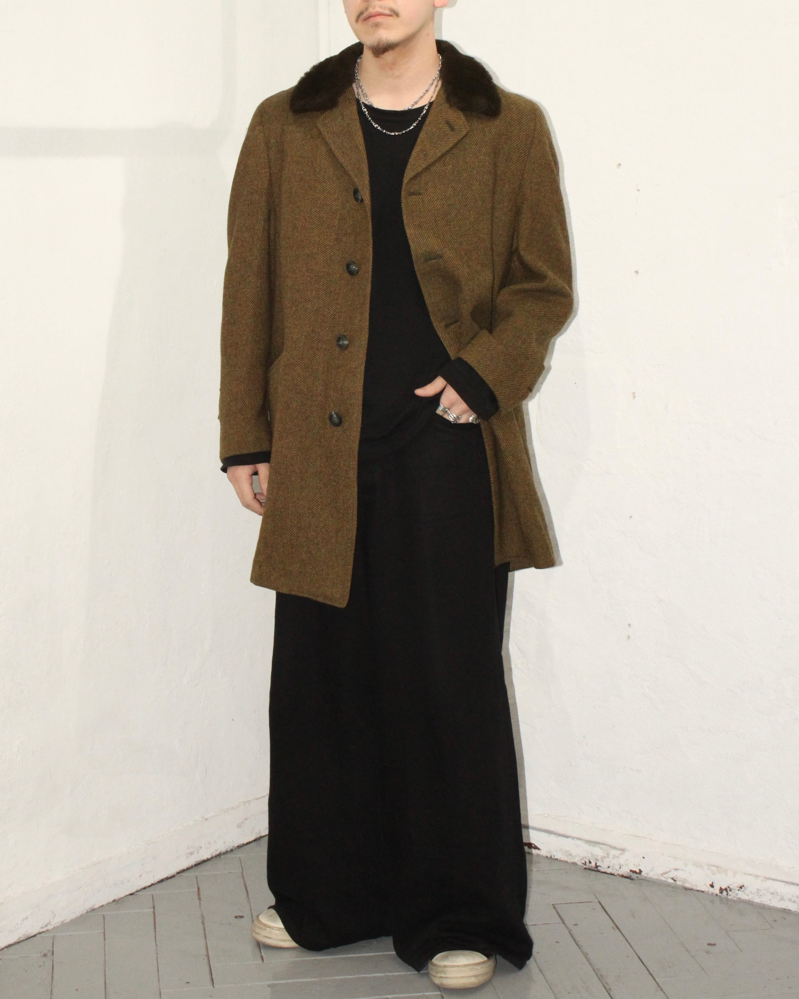 ~70s THE BLACK DEVIL Boa-Collar Wool Heavy Coat