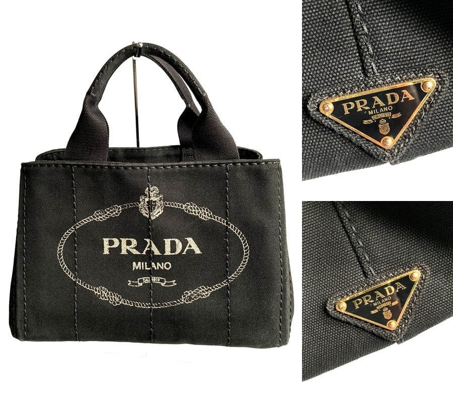 良好 PRADA プラダ ミニ カナパ トート ハンドバッグ ブラック ロゴ プレート 定価10万 バッグ