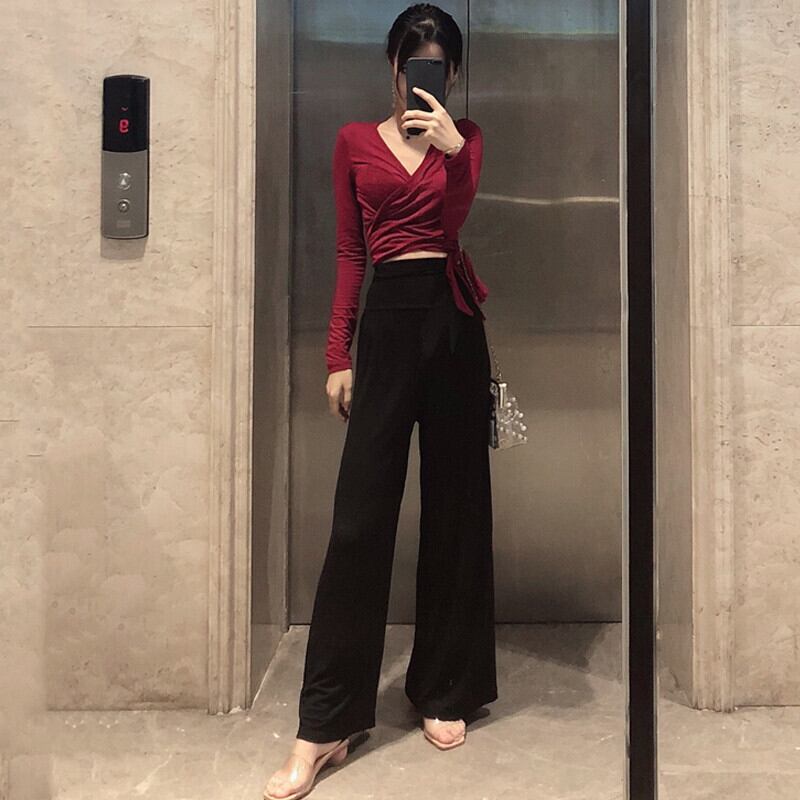 オータムVネックストラップ ショートTシャツ ルーズハイウェストパンツ ロング 秋物 ガールズファッション35397539051