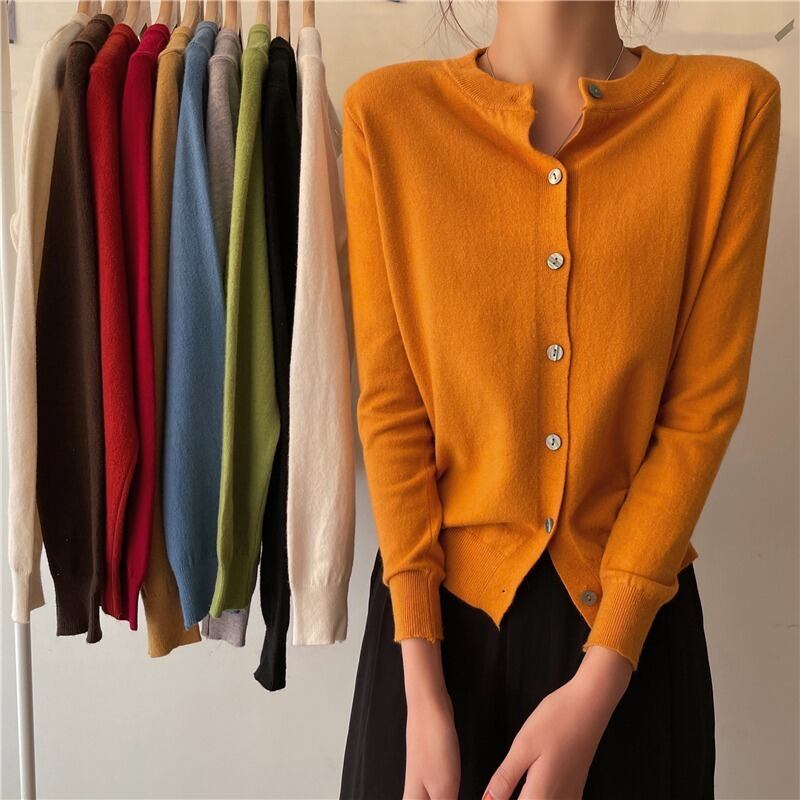 スプリングスタイルシャツ ベーシックソリッド カラーラウンドネックニットカーディガントップス ロング 春物 Oネック ソリッドカラー YY-ファッション52436716784