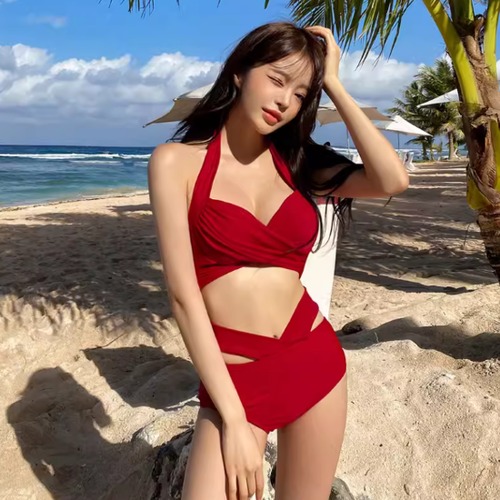 ビキニ レディース 水着 セパレート水着 スイムウェア ビーチウェア ホルターネック クロスデザイン セクシー カジュアル 赤 レッド 上下セット ツーピース 海 夏 ビーチ バカンス プール 女性