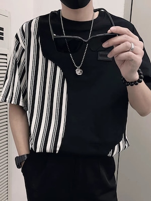 STRIPED CONTRAST SHORT SLEEVE T‐SHIRT  K0135