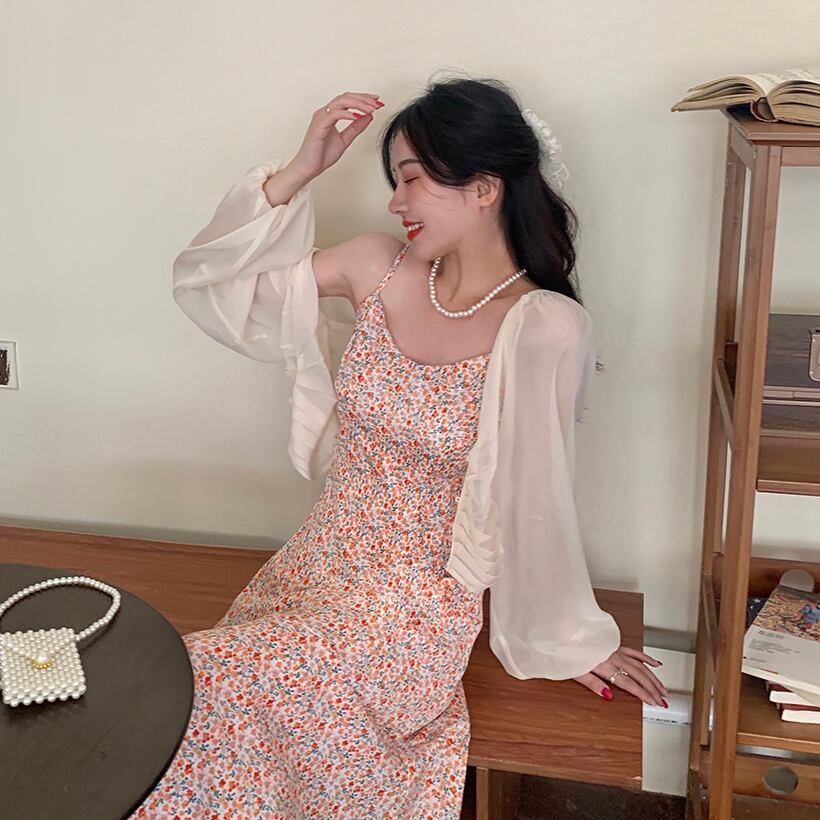 スプリングサマースタイルスタンダードフローラルスカート カーディガン レッド レトロ 春物 夏物 花柄 1号婦人84666607073