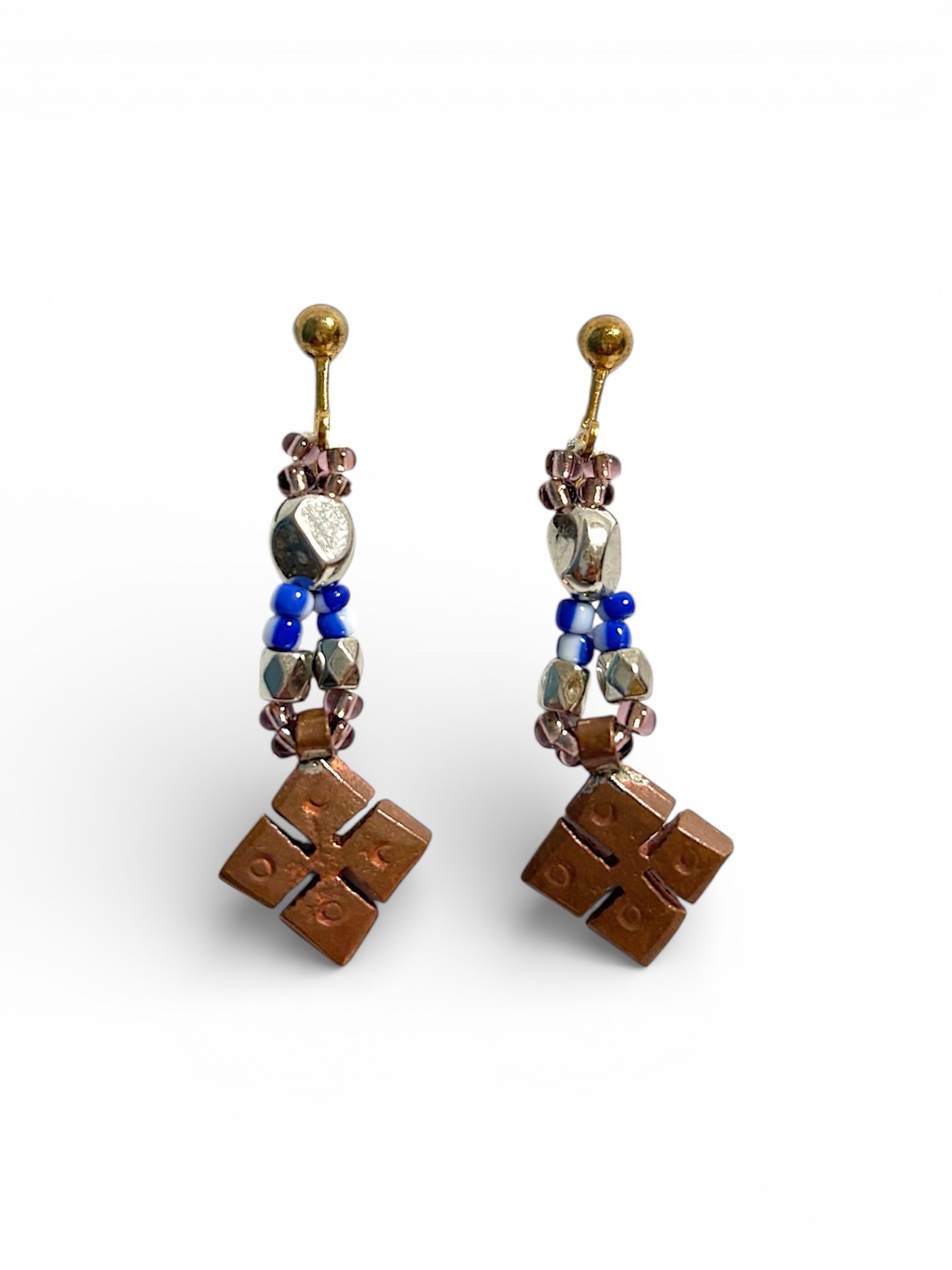 シルバーとブルーのビーズ×エチオピアンクロスのイヤリング