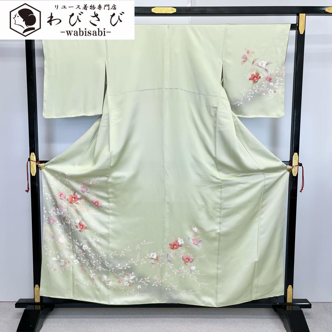 訪問着 美しい花模様 金彩 薄水色 縮緬 トールサイズ しつけ糸 K-3687