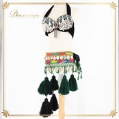 ベリーダンス トライバル 衣装 トップス ベルト セット ブラック系 コイン ストーン タッセル 黒 緑 黄 赤 豪華 装飾 ダンス衣装 ステージ 舞台 クール グリーン系 イエロー系 シルバー系 レッド系