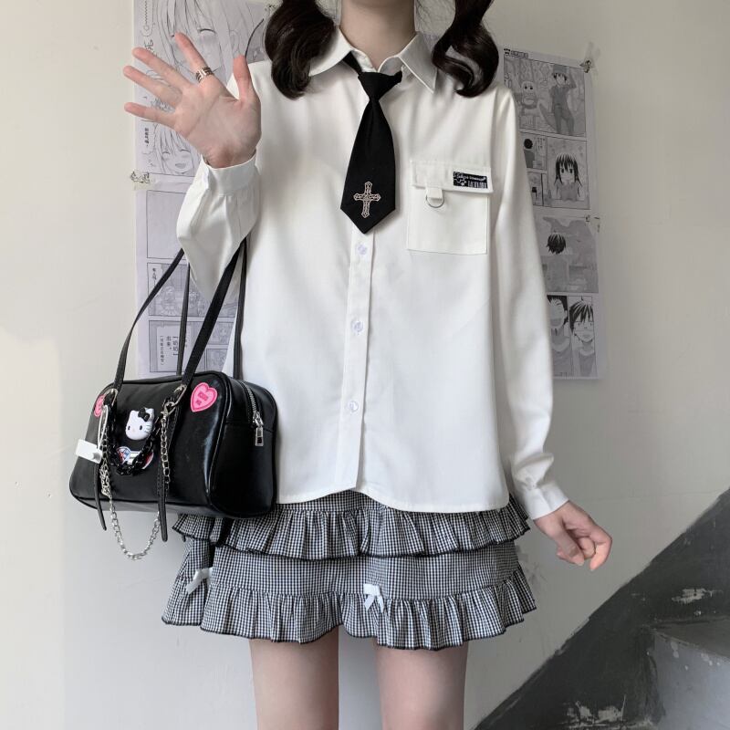 サブカル 服 地雷系 通販 シャツ ネクタイ 十字架 刺繍 学園風 甘め かわいい 量産型 闇かわいい