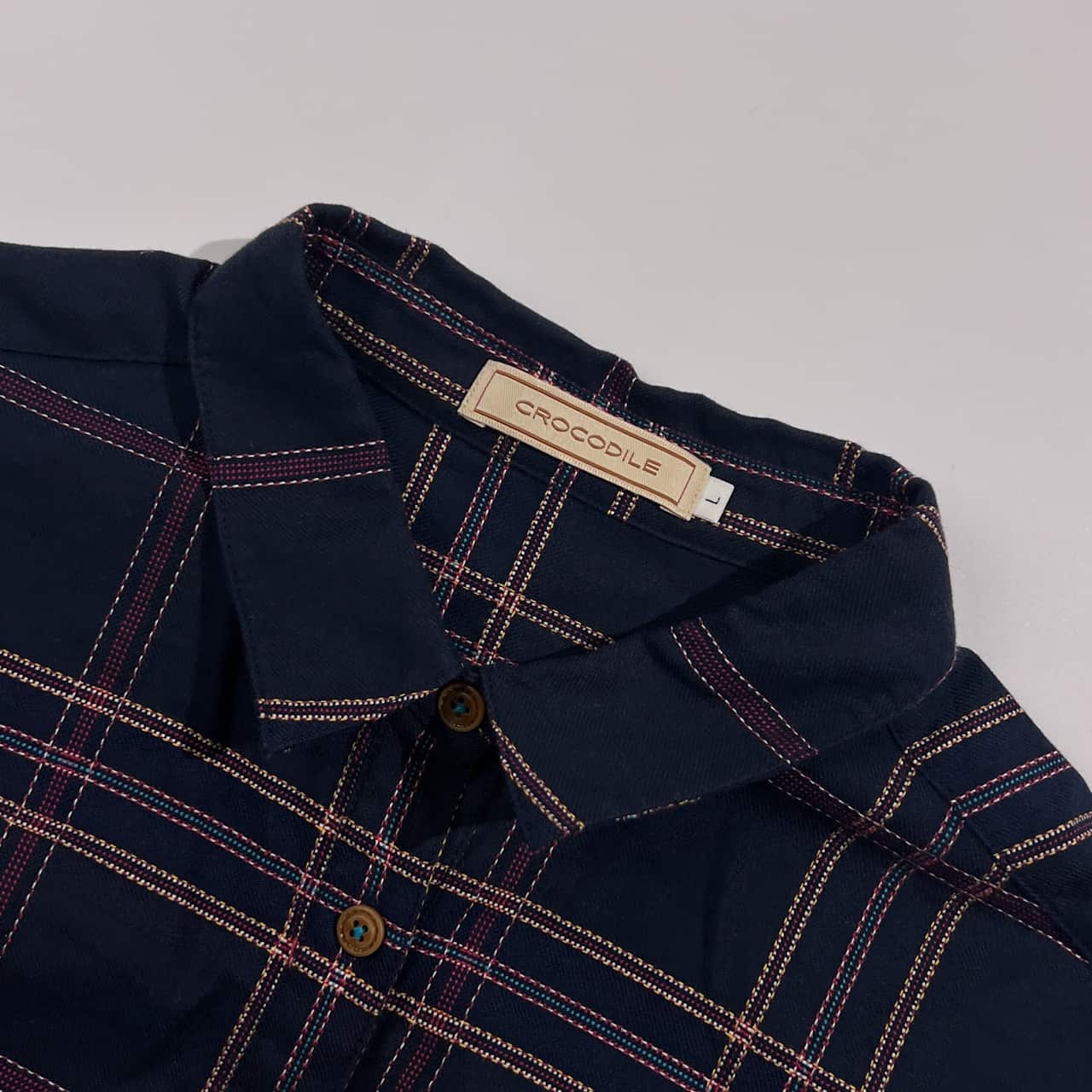 Crocodile クロコダイル チェック柄 プルオーバー チュニック丈 シャツ ブラウス L /ネイビー系 レディース カジュアル