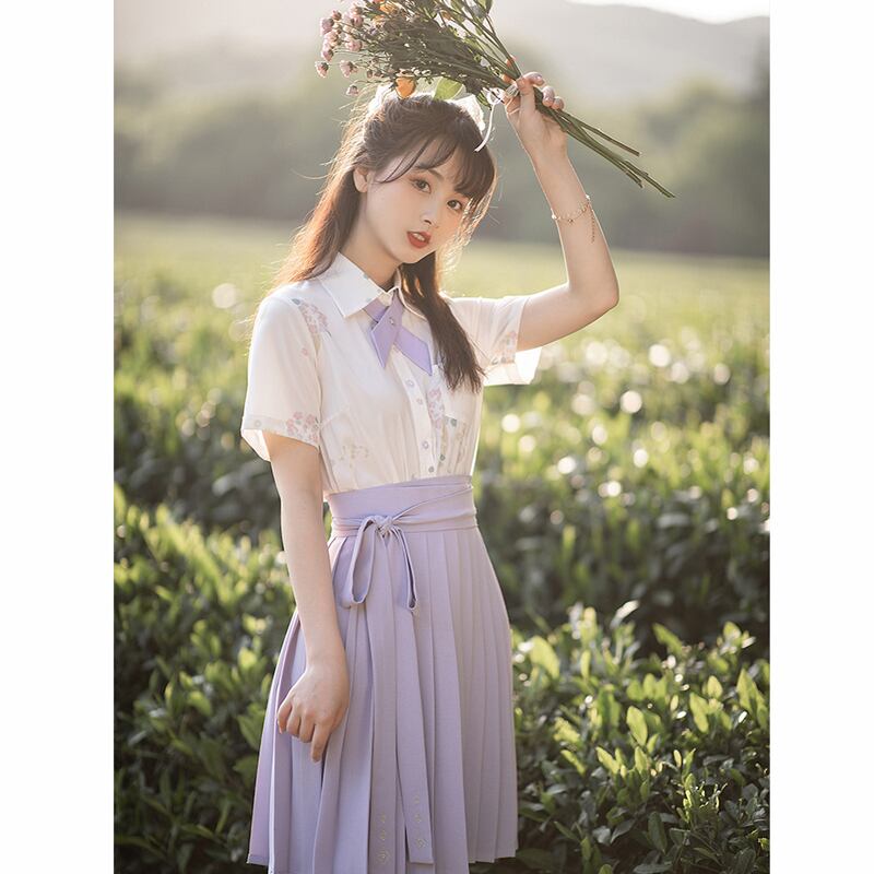池夏シリーズ チャイナ風セットアップ シャツ 巻きスカート 改良漢服 花柄 上下セット オリジナル プリーツスカート Elegant